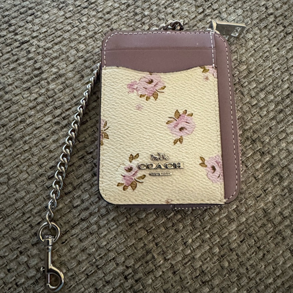 Coach Pink & Cream Floral Leather Card Holder with Chain
